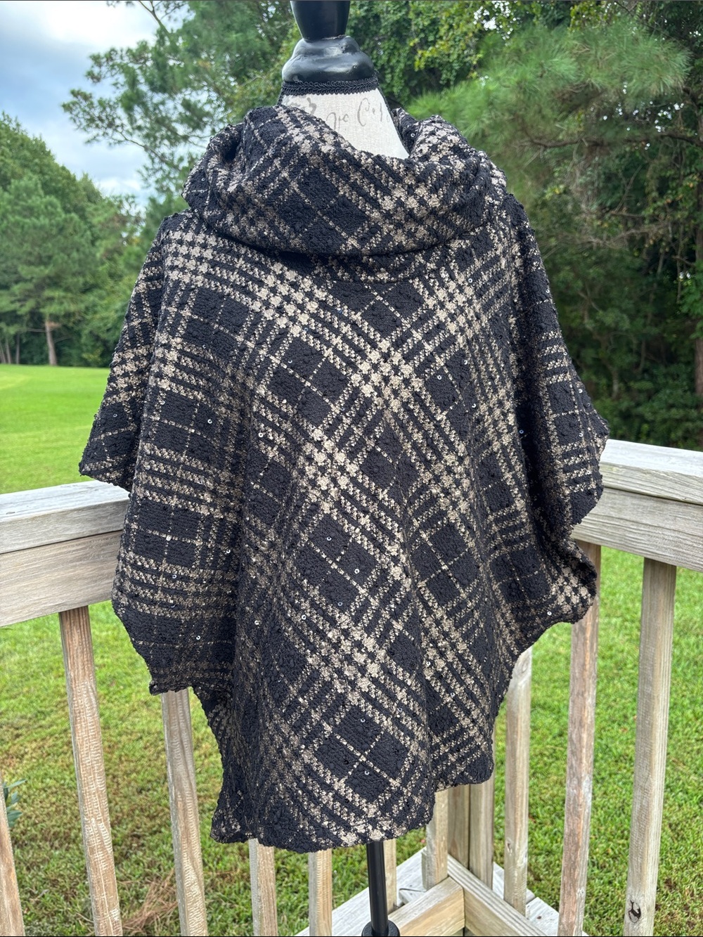 Joseph Ribkoff Black & Cream Plaid Funnel-Neck Poncho